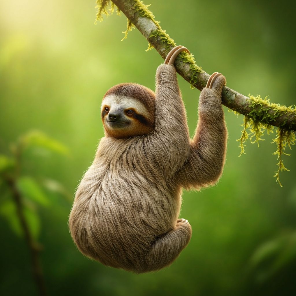 Un perezoso de tres dedos descansando sobre una rama cubierta de musgo en Costa Rica
